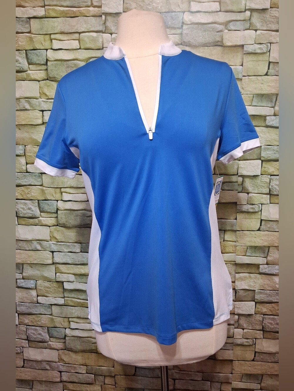 New Lillie Green UPF 50 Women’s Short Sleeve Zip-Front Athletic Tee Blue/White